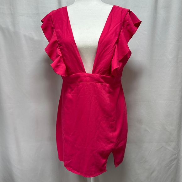 Superdown Pink Ruffle Sleeve Deep V-Neck Open Back Mini Dress Size L NEW - Picture 2 of 12